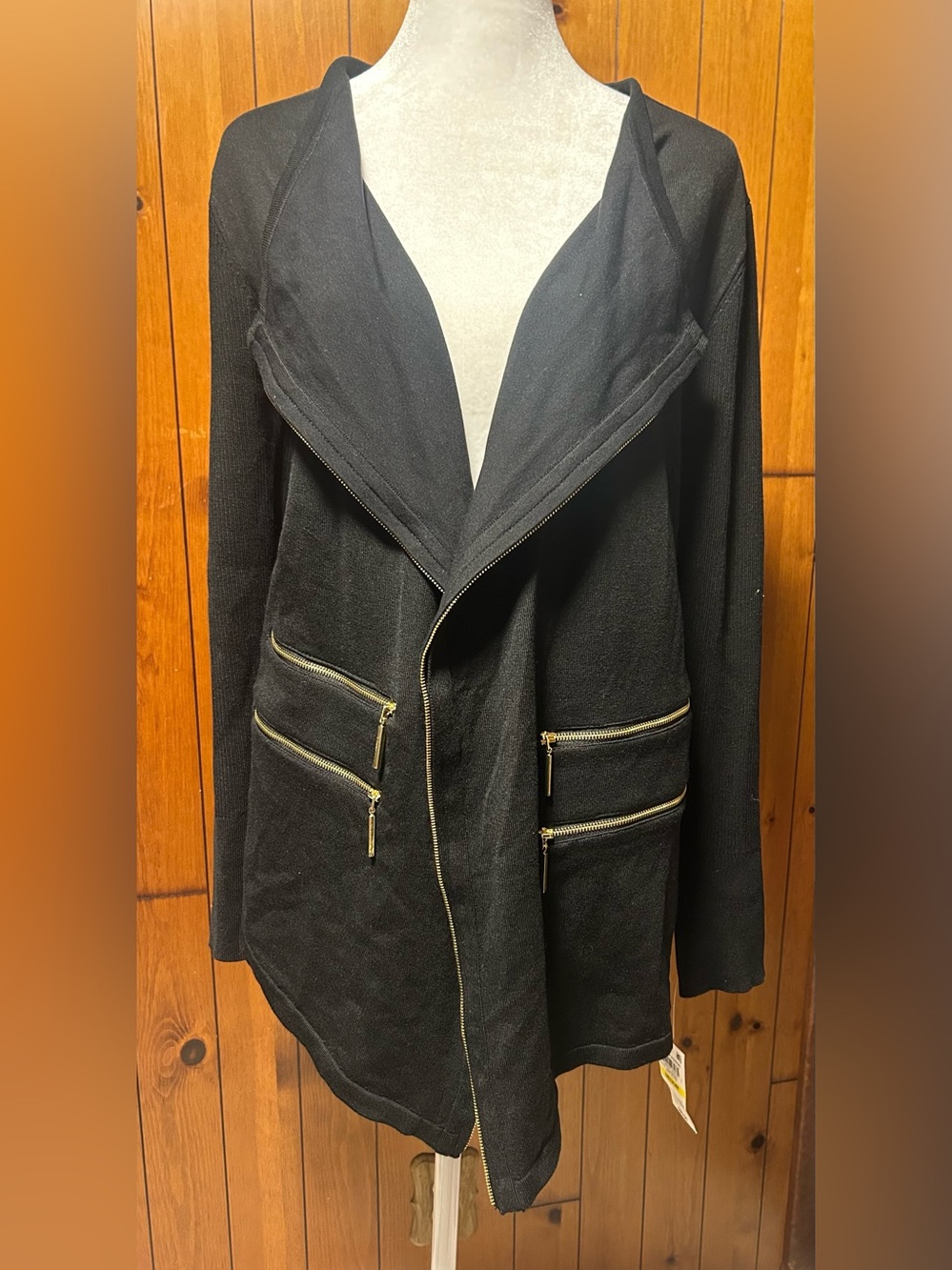 INC International Concepts Black Zip-Pocket Cardigan with Gold Hardware size M